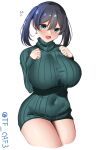  1girl alternate_costume aqua_eyes black_hair blush breasts commentary_request cowboy_shot highres huge_breasts kantai_collection long_sleeves looking_at_viewer notice_lines one-hour_drawing_challenge ribbed_sweater simple_background smile solo souryuu_(kancolle) sweater tf_cafe turtleneck turtleneck_sweater twitter_username two_side_up white_background 
