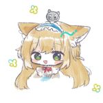 animal_ears arknights black_cat blonde_hair blue_hairband blush_stickers cardigan cat chibi commentary fox_ears fox_girl frilled_hairband frills green_eyes hair_ornament hairband heixiu long_hair mom2 neck_ribbon official_alternate_costume on_head open_cardigan open_clothes open_mouth portrait red_ribbon ribbon sidelocks simple_background suzuran_(arknights) suzuran_(spring_praise)_(arknights) the_legend_of_luo_xiaohei triangle_mouth white_background yellow_cardigan 