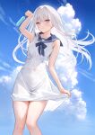  1girl armpits bare_arms bare_shoulders blue_sky closed_mouth cloud collarbone commentary_request covered_navel dress food highres holding holding_food holding_popsicle long_hair looking_at_viewer mignon original outdoors popsicle purple_eyes sky sleeveless smile solo standing thighs white_dress white_hair 