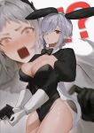  !? 2girls alternate_costume animal_ears arknights black_bow black_bowtie black_gloves black_leotard blurry blurry_background bow bowtie breasts cleavage closed_mouth cowboy_shot elbow_gloves fake_animal_ears fake_tail gladiia_(arknights) gloves green_bow green_bowtie grey_eyes grey_hair gun hair_over_one_eye highres holding holding_gun holding_weapon irene_(arknights) juliet_sleeves large_breasts leotard long_hair long_sleeves looking_at_viewer multiple_girls playboy_bunny pointy_ears puffy_sleeves rabbit_ears rabbit_tail red_eyes sadiwosan surprised tail trigger_discipline v-shaped_eyebrows weapon white_gloves 