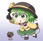  1girl animal bird black_footwear black_headwear blush boots collared_shirt crow eyeball frilled_shirt_collar frilled_sleeves frills full_body gradient_background green_eyes green_hair green_skirt hair_between_eyes hat hat_ribbon komeiji_koishi long_sleeves open_mouth reiuji_utsuho reiuji_utsuho_(bird) ribbon rokugou_daisuke shirt short_hair signature skirt third_eye touhou yellow_ribbon yellow_shirt 