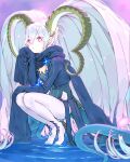  1girl blue_hair boots fate/grand_order fate_(series) haimura_kiyotaka highres horns larva_tiamat_(fate) long_hair pink_eyes pointy_ears scarf sleeves_past_fingers sleeves_past_wrists squatting symbol-shaped_pupils thigh_boots tiamat_(fate) very_long_hair very_long_sleeves water 