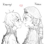  2boys ahoge drill_hair fire_emblem fire_emblem_fates forrest_(fire_emblem) furan_(c5h5o) greyscale hat heart kiragi_(fire_emblem) looking_at_another lowres monochrome multiple_boys open_mouth otoko_no_ko yaoi 