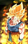  1boy aura blonde_hair blue_wristband clenched_teeth collarbone dougi dragon_ball dragon_ball_z green_eyes looking_at_viewer looking_up muscular muscular_male rom_(20) saiyan solo son_goku spiked_hair super_saiyan super_saiyan_1 teeth 