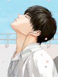  1boy 6_3_0 bishounen black_eyes black_hair blue_sky closed_eyes closed_mouth day earphones falling_petals listening_to_music male_focus outdoors petals portrait profile rukawa_kaede shirt short_hair sky slam_dunk_(series) solo white_shirt 