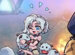  1girl ;d animal bare_shoulders blue_eyes blush grey_hair holding holding_animal horns league_of_legends multicolored_background navel one_eye_closed phantom_ix_row poro_(league_of_legends) sejuani shiny_skin short_hair sitting smile solo_focus tongue tongue_out 