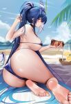  1girl absurdres ass ass_focus azur_lane barefoot beach bikini blue_bikini blue_eyes blush breasts commentary_request day food from_side fruit high_ponytail highres holding large_breasts lemon lemon_slice long_hair looking_at_viewer mcic0 new_jersey_(azur_lane) new_jersey_(midsummer_leisure)_(azur_lane) official_alternate_costume outdoors pitcher_(container) sidelocks sideways_glance soles solo swimsuit very_long_hair water 