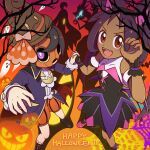  1boy 1girl allister_(fall_2022)_(pokemon) allister_(pokemon) bare_tree brown_headwear character_hat commentary_request dark-skinned_female dark_skin dress fake_horns fangs ghost gourgeist happy_halloween highres holding_hands horns ichina0107 iris_(fall_2022)_(pokemon) iris_(pokemon) jack-o&#039;-lantern mask naganadel official_alternate_costume open_mouth pokemon pokemon_(creature) pokemon_(game) pokemon_masters_ex purple_eyes purple_hair red_eyes sleeveless sleeveless_dress tree v-shaped_eyebrows 