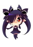  1girl :&lt; backbeako backbeard black_dress black_gloves black_hair black_thighhighs blush chibi commentary_request dress elbow_gloves full_body gegege_no_kitarou gloves hair_over_one_eye hair_ribbon hand_on_own_cheek hand_on_own_face long_hair looking_at_viewer original partial_commentary pointy_ears red_eyes ribbon ringed_eyes simple_background sleeveless sleeveless_dress solo straight-on thighhighs torotei twintails v-shaped_eyebrows very_long_hair white_background 