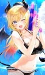  1girl bare_shoulders bikini black_bikini blonde_hair blue_eyes blue_sky blush breasts cleavage collarbone demon_girl demon_horns demon_tail demon_wings highres hololive horns kou_mashiro large_breasts long_hair navel open_mouth pointy_ears ponytail sky smile solo swimsuit tail wading water water_gun wings yuzuki_choco 