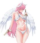  1girl breasts closed_eyes closed_mouth dorothy_(nikke) feathered_wings goddess_of_victory:_nikke gun hair_ornament highres holding holding_gun holding_sword holding_weapon long_hair mikhdrag navel panties pink_hair simple_background solo sword thigh_gap underwear weapon white_background white_panties wings 
