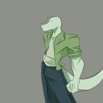  1:1 2023 absurd_res alternate_species anon_(snoot_game) anthro bald bottomwear clothing denim denim_clothing digital_drawing_(artwork) digital_media_(artwork) dinosaur faceless_character green_body green_scales grey_background hi_res jacket jeans long_tail male pants reptile resston1 scales scalie simple_background snoot_game snout solo tail topwear 