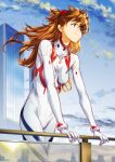  1girl absurdres against_railing blue_eyes blue_sky bodysuit breasts cloud commentary_request evangelion:_3.0+1.0_thrice_upon_a_time eyepatch from_side highres interface_headset kiyohisa long_hair medium_breasts multicolored_bodysuit multicolored_clothes neon_genesis_evangelion outdoors plugsuit railing rebuild_of_evangelion red_bodysuit red_hair sky smile solo souryuu_asuka_langley white_bodysuit 