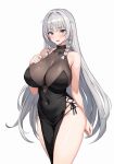  1girl absurdres azur_lane bare_arms bare_shoulders bilei black_dress blush braid breasts collarbone covered_navel dress grey_eyes grey_hair highres large_breasts long_hair looking_at_viewer open_mouth simple_background smile solo thighs twin_braids vittorio_veneto_(azur_lane) white_background 