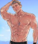  1boy abs artist_name bara brown_hair closed_mouth highres kuconoms large_pectorals male_focus muscular muscular_male navel nipples pectorals piers_nivans resident_evil resident_evil_6 short_hair smile solo wet wet_face wet_hair whistle whistle_around_neck 