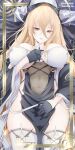  1girl absurdres azur_lane between_breasts black_gloves breast_cutout breasts chark14 covered_navel cowboy_shot fake_horns gloves habit hair_between_eyes half_gloves highres horns implacable_(azur_lane) large_breasts long_bangs long_hair looking_at_viewer nun pelvic_curtain red_eyes revealing_clothes solo thighhighs two-tone_dress veil very_long_hair white_horns white_thighhighs 