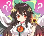  1girl ? black_hair black_sun black_wings blush bow breasts cape closed_mouth commentary gradient_background green_bow hair_bow large_breasts long_hair looking_at_viewer purple_background ramudia_(lamyun) red_eyes reiuji_utsuho short_sleeves solo sun third_eye touhou upper_body white_cape wings 
