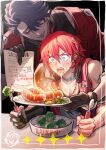  2boys ahoge belt black_gloves blue_hair blush broccoli character_name closed_mouth eating food fork gloves green_eyes hair_between_eyes highres holding holding_fork holding_paper holding_plate holding_spoon honkai:_star_rail honkai_(series) hungry looking_at_another looking_at_food luka_(honkai:_star_rail) male_focus mechanical_arms multiple_boys okammm3 open_mouth paper plate red_hair saliva sampo_koski sausage short_hair single_mechanical_arm sitting smile spoon standing star_(symbol) sweatdrop teasing wide-eyed 