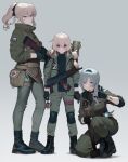  3girls abbystea ak-74 aks-74 assault_rifle black_gloves black_shirt blonde_hair blue_eyes carl_gustaf_recoilless_rifle countryball cross f-1_grenade_(soviet) gloves gradient_background green_jacket grey_background grey_pants gun hammer highres jacket kalashnikov_rifle looking_at_viewer multiple_girls original pants recoilless_rifle red_cross red_eyes rifle russiaball russian_flag shirt sledgehammer smile wagner_group weapon white_hair z_(russian_symbol) 