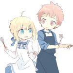 1boy 1girl 87banana ahoge apron artoria_pendragon_(fate) blonde_hair brown_eyes couple fate/stay_night fate_(series) green_eyes holding holding_spatula holding_whisk red_hair saber spatula whisk white_background 