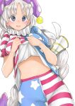  1girl american_flag_dress american_flag_legwear ass_visible_through_thighs blush braid breasts cameltoe chikado clothes_lift clownpiece clownpiece_(cosplay) colored_eyelashes cosplay cowboy_shot dress dress_lift grey_eyes hat highres jester_cap large_breasts lifted_by_self long_hair looking_at_viewer lunatic_gun navel neck_ruff pantyhose polka_dot purple_headwear simple_background single_braid solo star_(symbol) star_print stomach striped sweat touhou very_long_hair white_background white_hair yagokoro_eirin 
