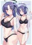  1girl :o black_bra black_panties blue_archive blush bra closed_mouth halo highres long_hair looking_at_viewer multiple_views navel open_clothes open_shirt panties purple_eyes purple_hair shiitake_taishi speech_bubble standing translation_request two_side_up underwear yuuka_(blue_archive) 