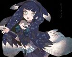  1girl absurdres arm_at_side black_background black_hair blue_hair blunt_bangs bow bracer braid coelacanth_(kemono_friends) corset cowboy_shot eyelashes fins fish_tail green_eyes hand_up head_fins highres kanmoku-san kemono_friends long_hair looking_at_viewer midriff multicolored_hair multiple_girls open_mouth side_braid simple_background skirt smile solo stomach tail twin_braids very_long_hair white_hair 