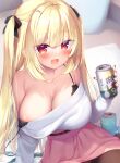  1girl black_bra black_pantyhose blonde_hair blush bra breasts can commentary_request hair_ribbon holding holding_can large_breasts looking_at_viewer open_mouth original pantyhose pillow red_eyes ribbon sazaki_ichiri solo strap_slip strong_zero underwear 
