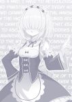  1girl apron arc_9_(mikoscrub) breasts commentary cosplay detached_sleeves dress english_commentary english_text greyscale hair_over_eyes hairband hand_on_own_hip highres index_finger_raised long_bangs mikoscrub monochrome original ram_(re:zero) ram_(re:zero)_(cosplay) re:zero_kara_hajimeru_isekai_seikatsu ribbon-trimmed_sleeves ribbon_trim small_breasts solo waist_apron 