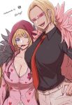  2girls black_shirt blonde_hair breasts character_name cigarette cleavage coat commentary_request donquixote_doflamingo donquixote_rocinante earrings feather_coat genderswap genderswap_(mtf) hand_on_own_hip hat heart heart_print huge_breasts jewelry long_hair long_sleeves looking_at_viewer makeup mouth_hold multiple_girls nashieda one_piece open_mouth pants pink-tinted_eyewear pink_coat pink_nails red_lips shirt short_hair siblings sisters smile smoke smoking sunglasses tinted_eyewear very_long_hair white-framed_eyewear 