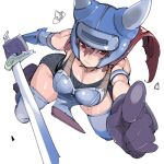  1girl armlet armor blue_armor blue_thighhighs breasts brown_eyes closed_mouth daisy_(dq) dragon_quest dragon_quest_yuusha_abel_densetsu fake_horns full_body gem gloves helmet highres horned_helmet horns long_hair looking_at_viewer simple_background slime_(dragon_quest) solo sword takayama_toshinori thighhighs weapon white_background 