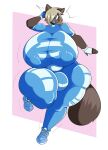  absurd_res anthro big_breasts big_bulge blonde_hair blue_eyes bodysuit breasts brown_body brown_fur bulge canid canine clothing female fur hair hi_res huge_breasts huge_thighs hyper hyper_breasts mammal markings nipple_outline nonarycubed one_eye_obstructed open_mouth raccoon_dog raised_leg skinsuit smile solo standing striped_markings striped_tail stripes tail tail_markings tanuki teeth thick_thighs tight_clothing unknown_character 
