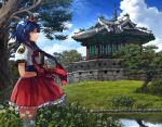  1girl blue_eyes blue_hair blue_sky braid educational_broadcasting_system fingerless_gloves flower glass gloves hair_flower hair_ornament hanbok hand_fan holding holding_fan hwaseong_fortress korea korean_anime korean_clothes looking_to_the_side red_gloves red_ribbon red_skirt reflection ribbon river scenery semi_(ebs) semi_(semi_wa_magic_cube) semi_wa_magic_cube shirt short_hair short_sleeves single_braid skirt sky smile solo standing thighhighs traditional_clothes tree white_shirt white_thighhighs yong-gok 