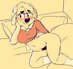  2022 absurd_res anthro bed big_pubes blush bottomless bottomless_anthro bottomless_female bovid bovine breasts cattle clothed clothing eyewear female footwear furniture glasses head_on_hand hi_res lying maggie_hudson mammal navel on_bed on_side pubes sketch socks solo sprockeyart 