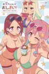  3girls :3 ;( absurdres armlet bare_shoulders bikini blonde_hair blue_bikini blue_hair bracelet breasts brown_eyes brown_hair cellphone checkered_background collarbone colored_inner_hair copyright_name double-parted_bangs drinking_straw drinking_straw_in_mouth earrings eyewear_on_head food_on_body food_on_breasts green_bikini green_hair guest_art gyaru hair_between_eyes hair_ornament hairclip heart heart-shaped_eyewear heart_necklace highres holding holding_phone hori_(hori_no_su) hozuki_kaede jewelry large_breasts light_blush long_hair looking_at_another looking_at_viewer multicolored_hair multiple_girls nail_polish necklace non-web_source onii-chan_wa_oshimai! outline parfait parted_bangs phone pink-tinted_eyewear pink_hair pink_nails purple_hair red-tinted_eyewear red_bikini red_eyes red_nails scan short_hair sidelocks smartphone smile star-shaped_eyewear star_(symbol) star_hair_ornament sunglasses swimsuit thigh_strap tinted_eyewear two-tone_hair v_over_eye white-framed_eyewear white_nails white_outline 