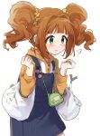  1girl :t =3 absurdres badge bag blue_skirt blush brown_hair button_badge clenched_hands closed_mouth cowboy_shot flower green_eyes hair_flower hair_ornament hands_up highres hood hood_down hoodie idolmaster idolmaster_(classic) idolmaster_million_live! idolmaster_million_live!_theater_days long_hair long_sleeves looking_at_another nnnn orange_flower orange_hoodie plastic_bag signature simple_background skirt solo spring_onion standing suspender_skirt suspenders takatsuki_yayoi twintails v-shaped_eyebrows wallet white_background 