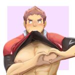  1boy abs absurdres averting_eyes bara bare_pectorals clothes_in_mouth facial_hair goatee heart heart-shaped_boob_challenge heart_hands highres konpei_daidai large_pectorals lifted_by_self long_sideburns male_focus mouth_hold muscular muscular_male nervous_sweating nipples pectorals rugby_uniform scar scar_on_cheek scar_on_face shirt_in_mouth short_hair shy sideburns solo sportswear stubble sweat tamamura_gunzo thick_eyebrows tokyo_afterschool_summoners upper_body v-shaped_eyebrows 