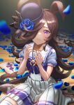  1girl absurdres animal_ears blue_flower blue_rose brown_fur brown_hair crying crying_with_eyes_open estrella_(uypu4574) falling_petals flower frown hair_over_one_eye hat highres horse_ears horse_girl horse_tail long_hair petals pleated_skirt purple_eyes rice_shower_(umamusume) rose rose_petals sailor_collar shoes short_sleeves sitting skirt socks solo tail tears thighhighs umamusume uniform white_sailor_collar white_thighhighs 