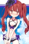  1girl bikini black_bikini blush breasts brown_eyes brown_hair cleavage closed_mouth collarbone frilled_bikini frills hanazono_yurine jashin-chan_dropkick long_hair looking_at_viewer navel official_art sky small_breasts solo swimsuit twintails yukiwo 