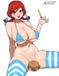  1girl :d bikini bikini_top_only black_eyes blush braid breasts burger censored cleavage donburi_(donburikazoku) female_pubic_hair food french_fries hair_ornament holding holding_food large_breasts looking_at_viewer navel novelty_censor open_mouth plump pubic_hair pubic_hair_peek red_hair simple_background sitting smile solo spread_legs striped striped_thighhighs swimsuit thighhighs twin_braids wendy&#039;s wendy_(wendy&#039;s) white_background 