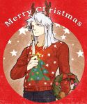  1boy antlers black_pants candle christmas_sweater christmas_wreath english_text expressionless final_fantasy final_fantasy_i holding holding_candle holding_wreath horns long_hair male_focus merry_christmas nini_tw99 pants purple_eyes red_sweater reindeer_antlers solo standing star_(symbol) sweater warrior_of_light_(ff1) white_hair wreath 