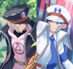  2boys armband belt belt_buckle black_coat black_headwear blue_necktie brothers brown_belt buckle closed_mouth coat collared_shirt commentary_request emmet_(pokemon) facial_hair grey_eyes grey_hair hat high_collar highres ingo_(pokemon) korean_commentary leaf looking_to_the_side male_focus multiple_boys necktie open_clothes open_coat pearl_clan_outfit pixel_art pokemon pokemon_(game) pokemon_bw pokemon_legends:_arceus seku_000 shirt short_hair siblings sideburns torn_clothes torn_coat white_coat white_headwear white_shirt 