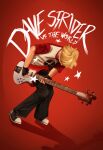  1boy black_gloves black_pants blonde_hair bobzdrawz character_name dave_strider fingerless_gloves full_body gloves highres homestuck instrument male_focus music pants playing_instrument red_background scott_pilgrim shadow shirt shoes short_hair sneakers solo standing star_(symbol) t-shirt 