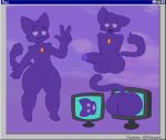  absurd_res anthro coming_from_portal crystal domestic_cat felid feline felis fur hi_res male mammal monitor purple_body purple_eyes purple_fur reluxxed solo tagme 