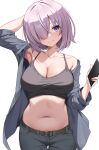  1girl absurdres armpits belt blush breasts cleavage collarbone fate/grand_order fate_(series) hair_over_one_eye highres large_breasts long_sleeves looking_at_viewer mash_kyrielight navel pants pink_hair purple_eyes purple_hair short_hair smile solo suiroh_(shideoukami) 