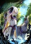  1boy arm_up bamboo bamboo_forest blood blue_eyes day elbow_gloves fate/grand_order fate_(series) forest gloves hair_over_one_eye horse ikezaki_misa leaf looking_at_viewer nature outdoors partially_submerged prince_of_lan_ling_(fate) short_hair standing teeth tree wet white_fur white_hair 