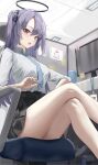  1girl :o arona&#039;s_sensei_doodle_(blue_archive) bare_legs black_skirt blue_archive blue_necktie blush crossed_legs feet_out_of_frame halo highres indoors looking_at_viewer miho_(user7939139) necktie partition purple_eyes purple_hair red_pupils sensei_(blue_archive) shirt sitting skirt solo two_side_up white_shirt yuuka_(blue_archive) 