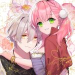  1boy 1girl atelier_(series) atelier_escha_&amp;_logy bracelet capelet closed_mouth commentary_request escha_malier floral_background green_eyes grey_hair hair_between_eyes hand_on_another&#039;s_shoulder highres jewelry logix_ficsario long_hair looking_at_viewer pink_hair red_capelet sakae_(1210hati) short_hair smile upper_body yellow_eyes 