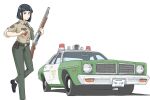  1girl absurdres black_pants blue_eyes breasts brown_shirt car collared_shirt english_text green_necktie green_pants gun hair_behind_ear highres holding holding_gun holding_weapon license_plate looking_at_viewer medium_breasts motor_vehicle necktie omochi_(ricecake9322) original pants police police_car police_uniform policewoman radio_antenna shadow shirt short_hair shotgun shotgun_shell solo standing standing_on_one_leg uniform vehicle_focus vehicle_request weapon 