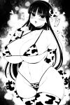  1girl absurdres animal_ears animal_print bikini blush breasts choker cleavage collarbone commentary_request cow_ears cow_print cowboy_shot curvy greyscale haseru_(ginku_mh) heart highres huge_breasts long_hair looking_at_viewer mole mole_on_breast mole_on_thigh mole_under_mouth monochrome navel original solo swimsuit thighhighs 